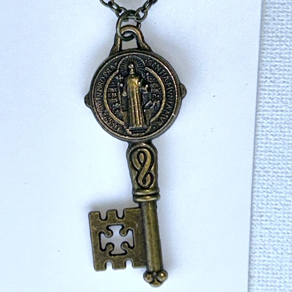 Hand Crafted Antique Bronze Skeleton Key Saint Pendant Necklace Religious Faith